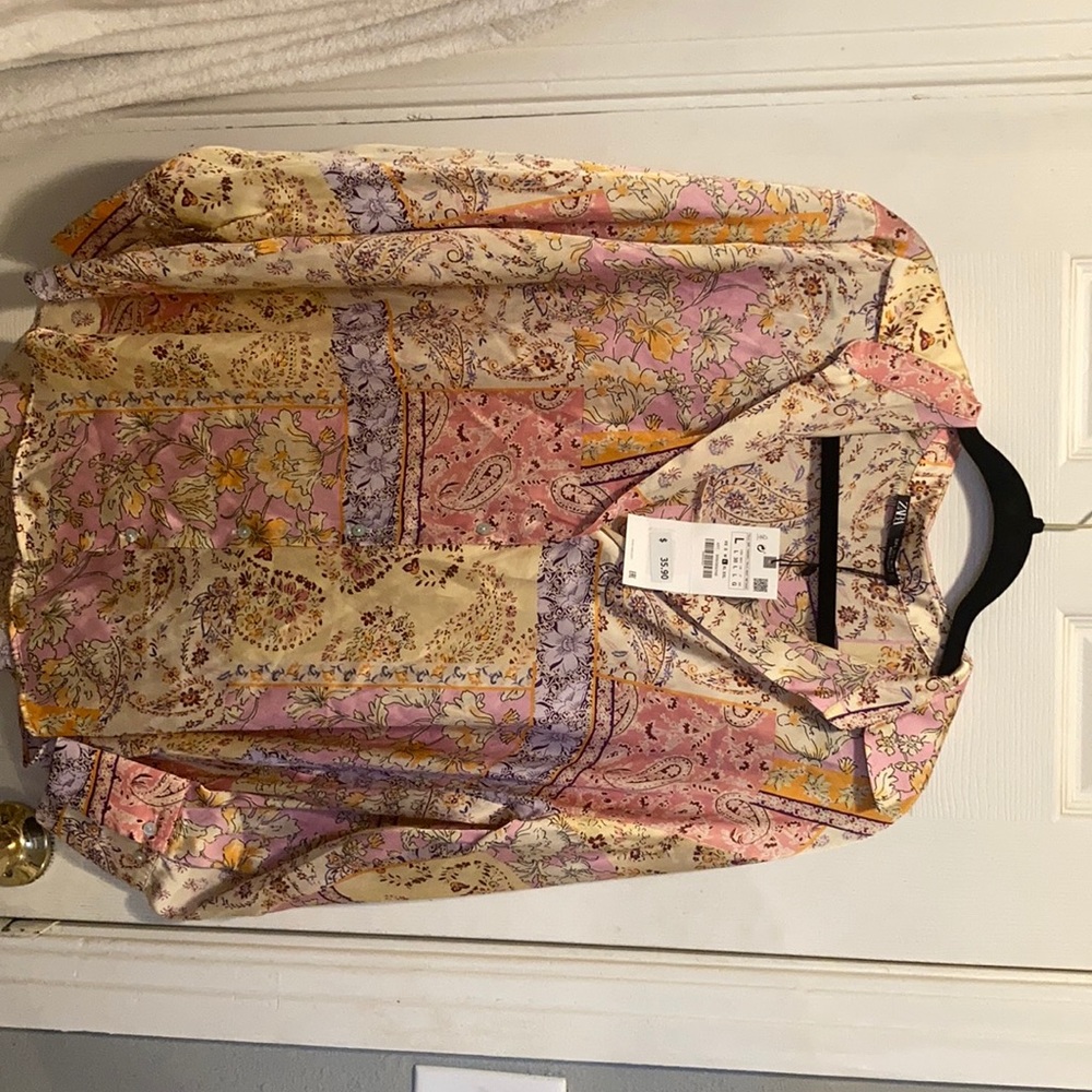 Long-sleeve satin paisley button-up shirt, original tags, never-been-worn